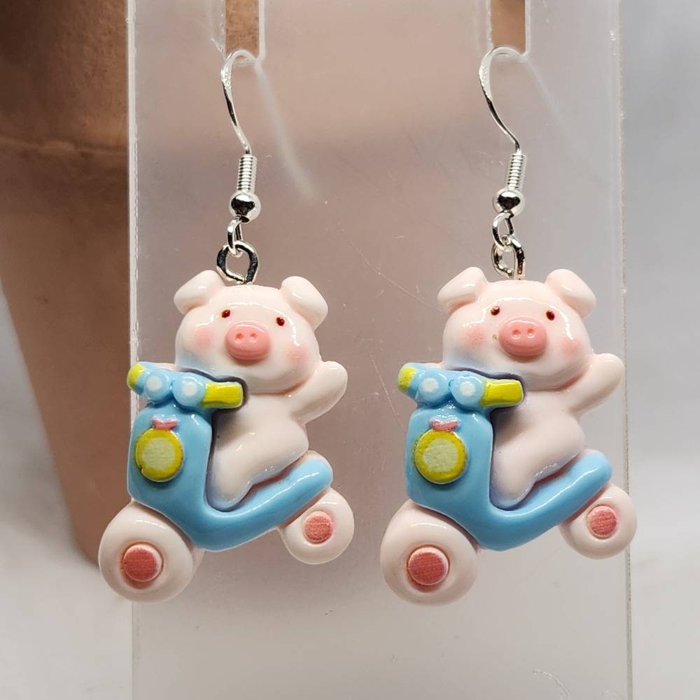 Pink Pig on Blue Scooter Resin Drop Earrings Whimsical Novelty Jewelry NEW